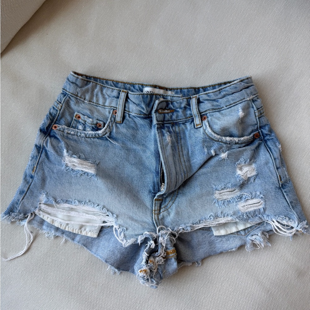 Zara Light Blue Distressed Denim Cutoff Shorts